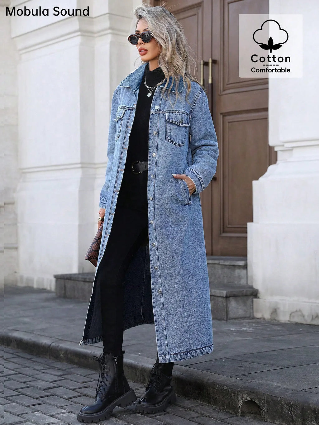 Women's Button Front Denim Coat, Elegant Casual Long Sleeve Denim Jacket for Spring & Fall, Women's Clothing for Daily Wear, Outerwear