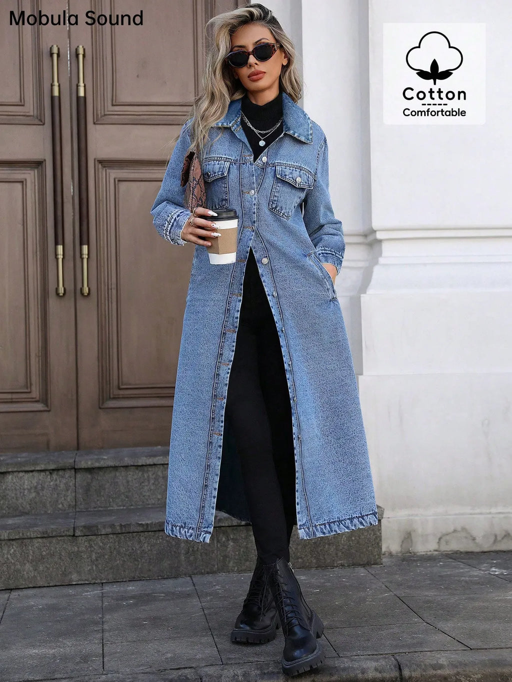 Women's Button Front Denim Coat, Elegant Casual Long Sleeve Denim Jacket for Spring & Fall, Women's Clothing for Daily Wear, Outerwear