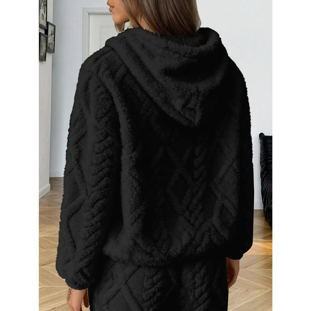 Women's diamond patterned lamb fleece hooded sweatshirt Large size loose and thick coral fleece warm home clothes American Sweet Cool Plush Hooded Casual Set