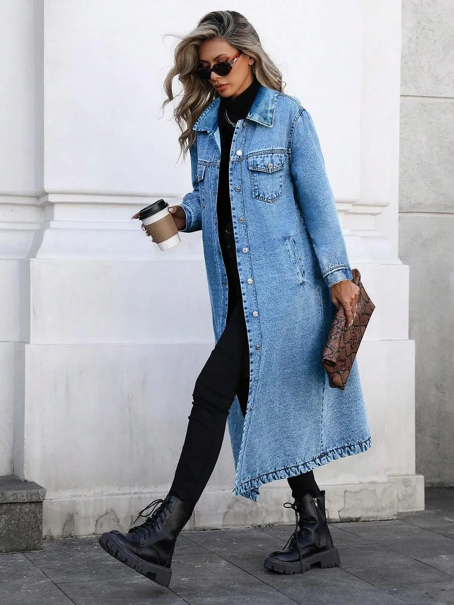 Women's Button Front Denim Coat, Elegant Casual Long Sleeve Denim Jacket for Spring & Fall, Women's Clothing for Daily Wear, Outerwear