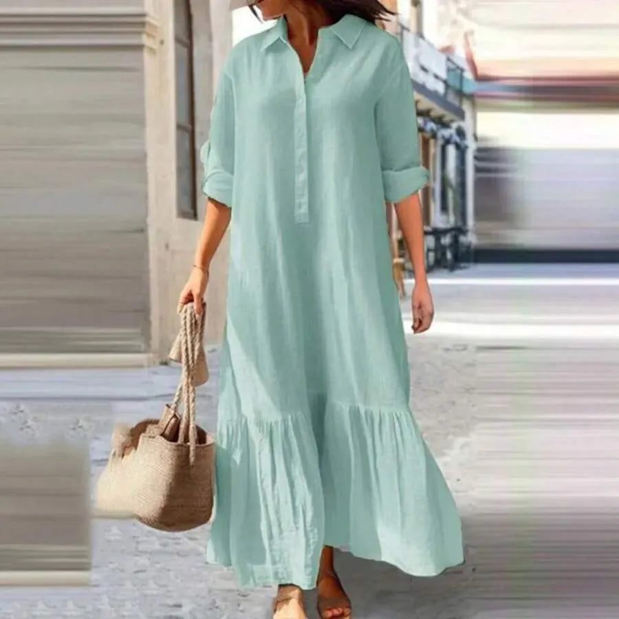 Women's Maxi Dress Linen-feel Dresses Faux Cotton Linen Shirt Dress Kaftan Dress Basic Casual Daily Vacation Regular Fit Plain Long Sleeve V Neck
