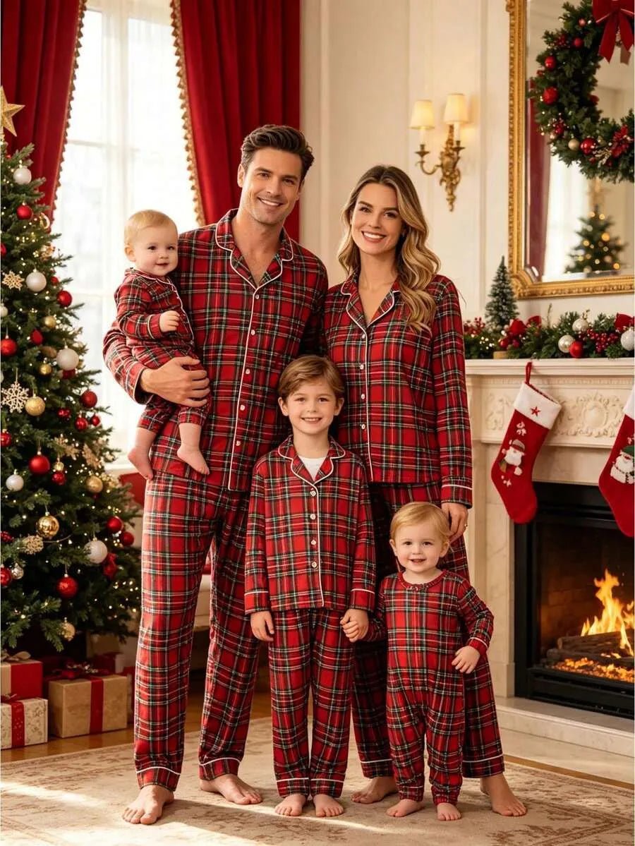 Christmas Plaid Family Matching Pajamas Set - Red Plaid Button-down Sleepwear For Men, Women, Kids & Baby, Festive Holiday Pjs