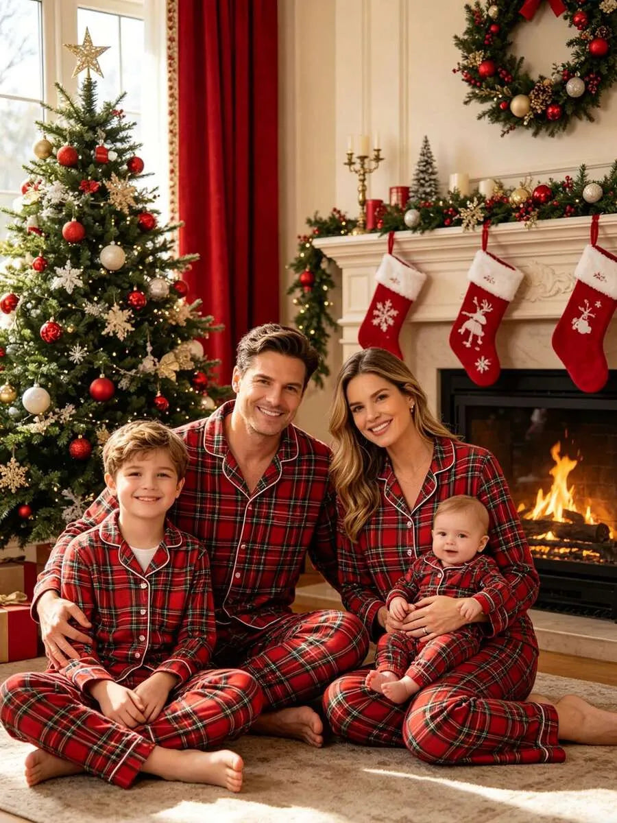 Christmas Plaid Family Matching Pajamas Set - Red Plaid Button-down Sleepwear For Men, Women, Kids & Baby, Festive Holiday Pjs