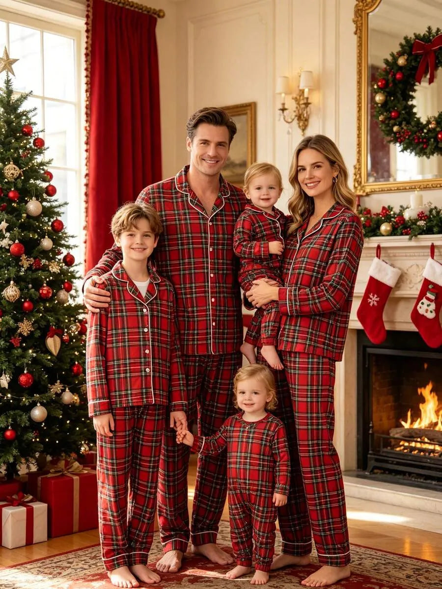 Christmas Plaid Family Matching Pajamas Set - Red Plaid Button-down Sleepwear For Men, Women, Kids & Baby, Festive Holiday Pjs