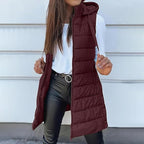 Women Solid Color Sleeveless Hooded Long Puffer Vest