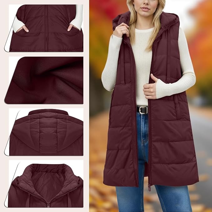 Women Solid Color Sleeveless Hooded Long Puffer Vest