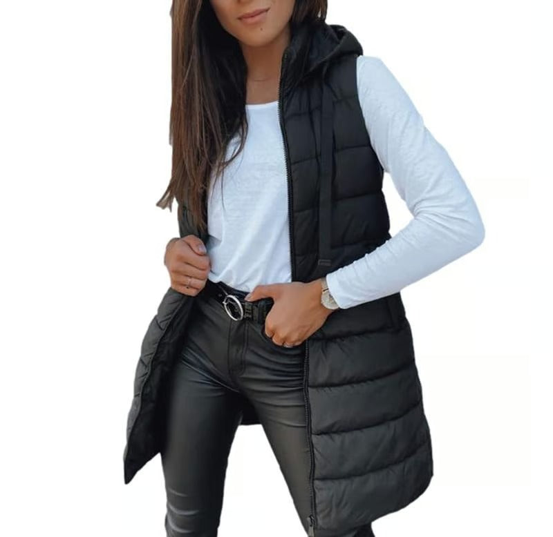 Women Solid Color Sleeveless Hooded Long Puffer Vest