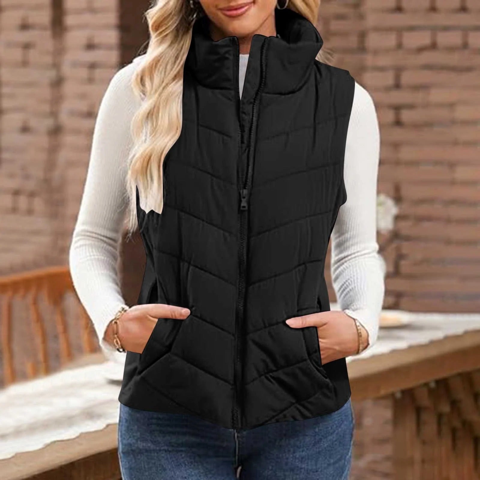 Puffer Vest Women Sleeveless Zip Up Outerwear Stand Collar Quilted Vest