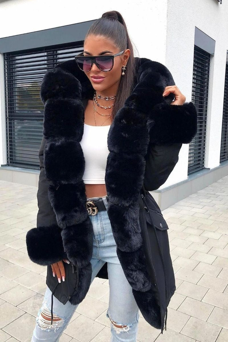 New Faux Fur Hooded Toggle Coat