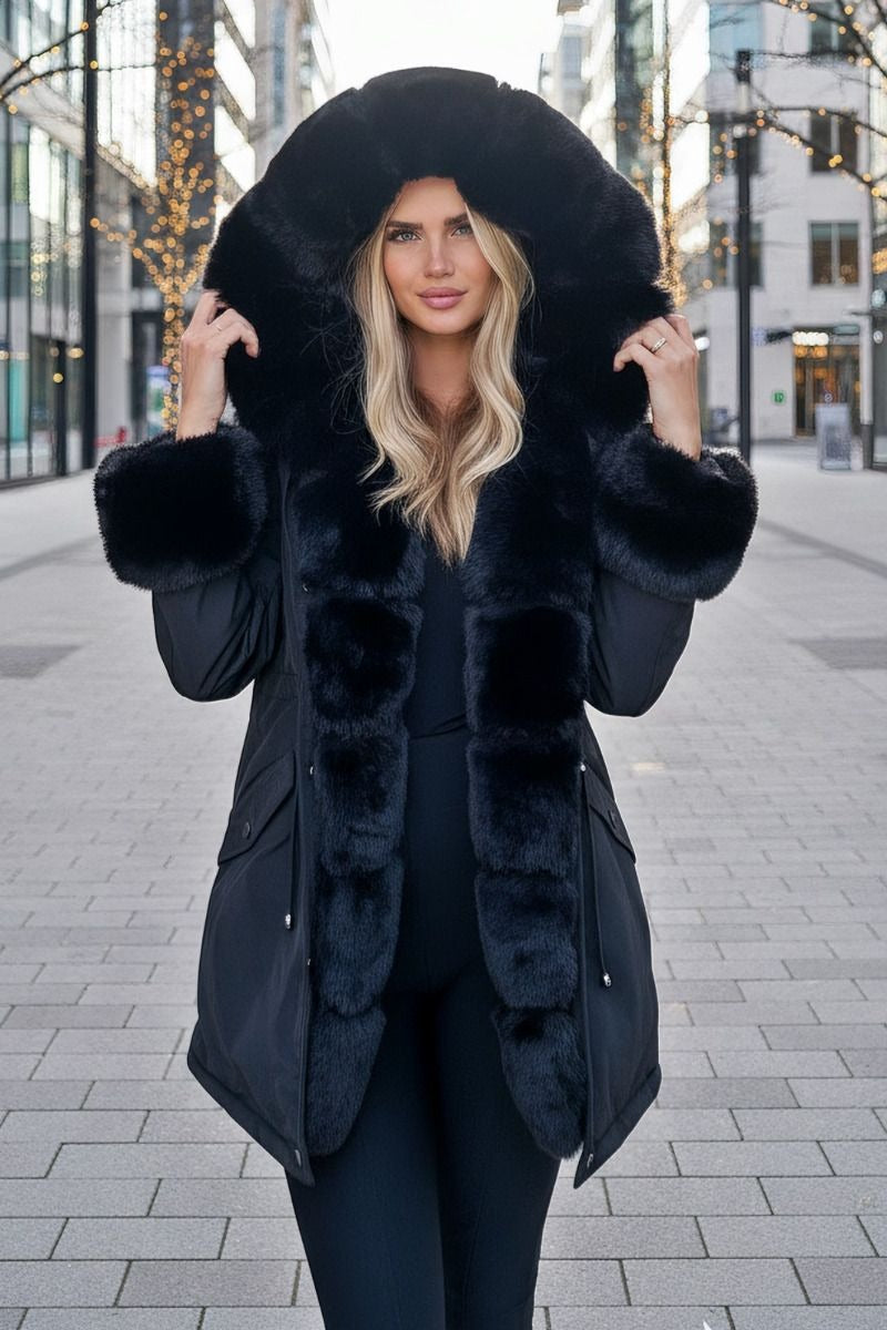 New Faux Fur Hooded Toggle Coat