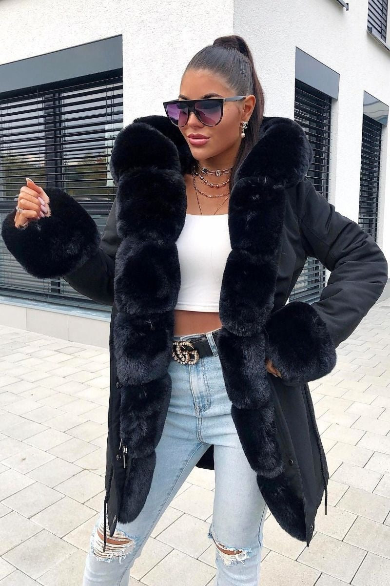 New Faux Fur Hooded Toggle Coat