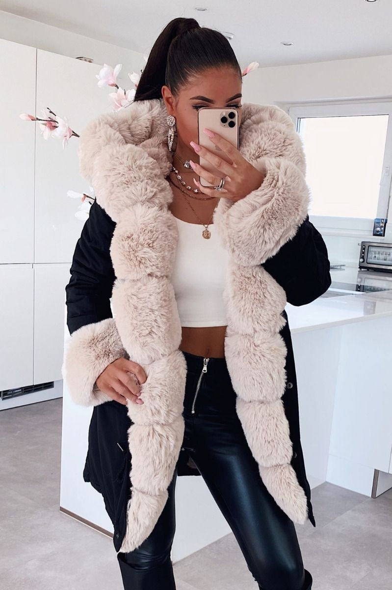 New Faux Fur Hooded Toggle Coat