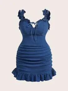 Plus Size Ruched Hem Leaf Edge Tie Front Denim Dress for Women, Fashion Casual Sleeveless Short Skirt, Trendy and Comfortable