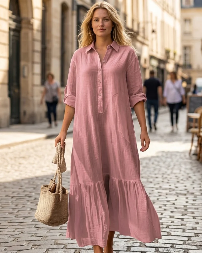 Women's Maxi Dress Linen-feel Dresses Faux Cotton Linen Shirt Dress Kaftan Dress Basic Casual Daily Vacation Regular Fit Plain Long Sleeve V Neck