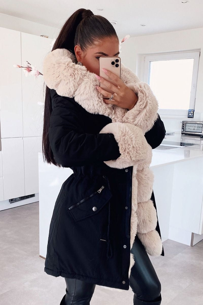 New Faux Fur Hooded Toggle Coat