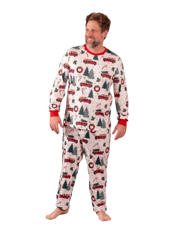 Superb white pajamas with Christmas trees red trucks motifs for all the family