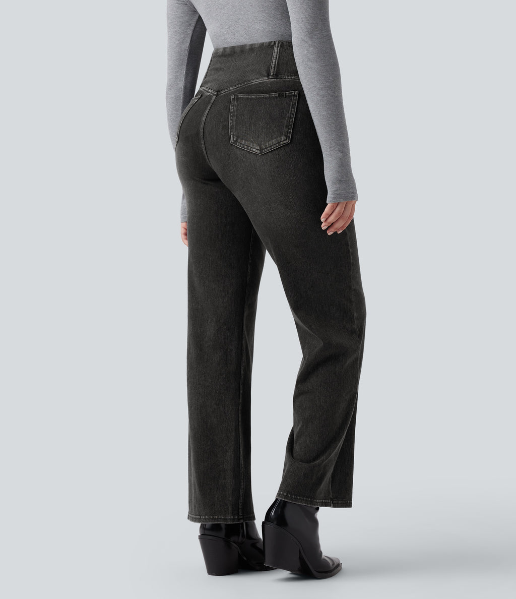 Flex™ Crossover High Waisted Tummy Control Casual Straight Leg Jeans with Pockets