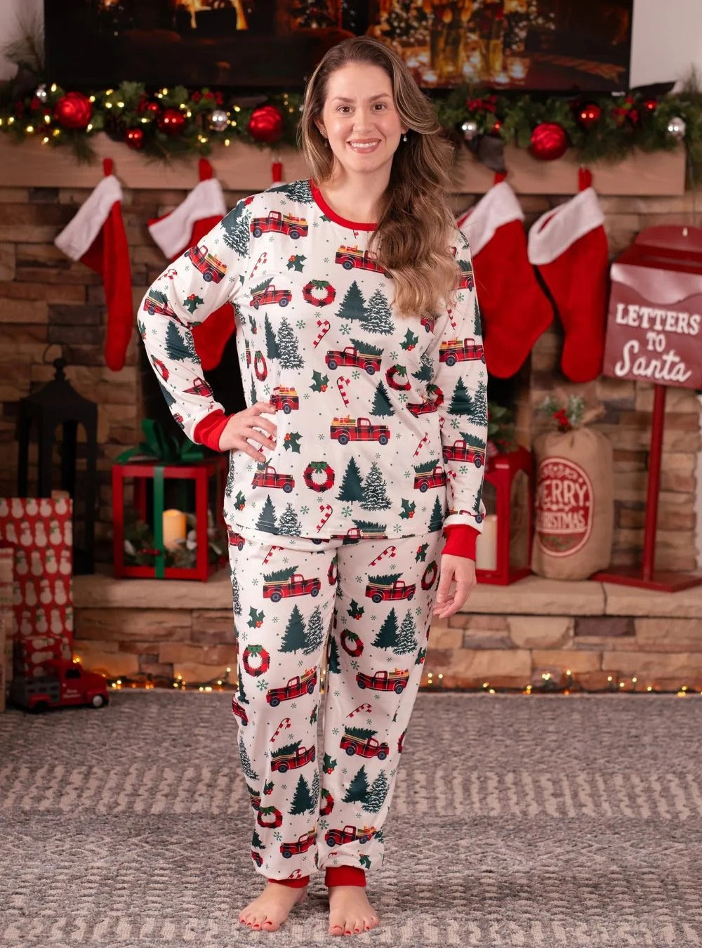 Superb white pajamas with Christmas trees red trucks motifs for all the family