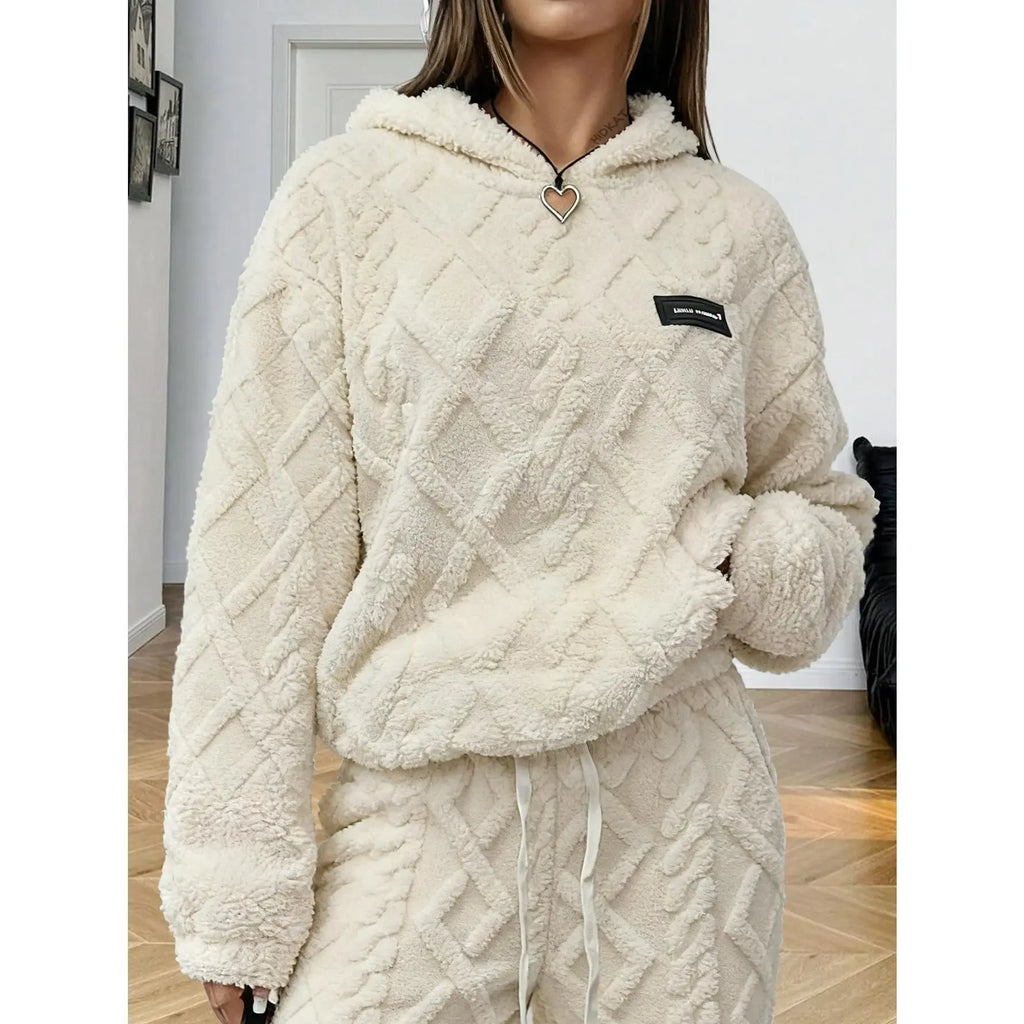 Women's diamond patterned lamb fleece hooded sweatshirt Large size loose and thick coral fleece warm home clothes American Sweet Cool Plush Hooded Casual Set