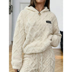 Women's diamond patterned lamb fleece hooded sweatshirt Large size loose and thick coral fleece warm home clothes American Sweet Cool Plush Hooded Casual Set