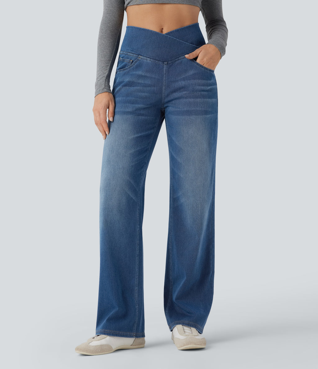 Flex™ Crossover High Waisted Tummy Control Casual Straight Leg Jeans with Pockets