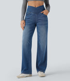 Flex™ Crossover High Waisted Tummy Control Casual Straight Leg Jeans with Pockets