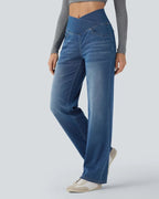 Flex™ Crossover High Waisted Tummy Control Casual Straight Leg Jeans with Pockets