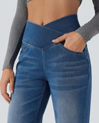 Flex™ Crossover High Waisted Tummy Control Casual Straight Leg Jeans with Pockets