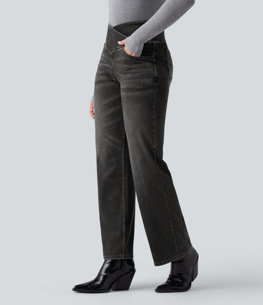 Flex™ Crossover High Waisted Tummy Control Casual Straight Leg Jeans with Pockets