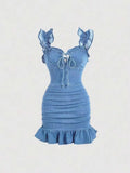 Plus Size Ruched Hem Leaf Edge Tie Front Denim Dress for Women, Fashion Casual Sleeveless Short Skirt, Trendy and Comfortable