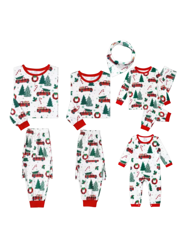 Superb white pajamas with Christmas trees red trucks motifs for all the family