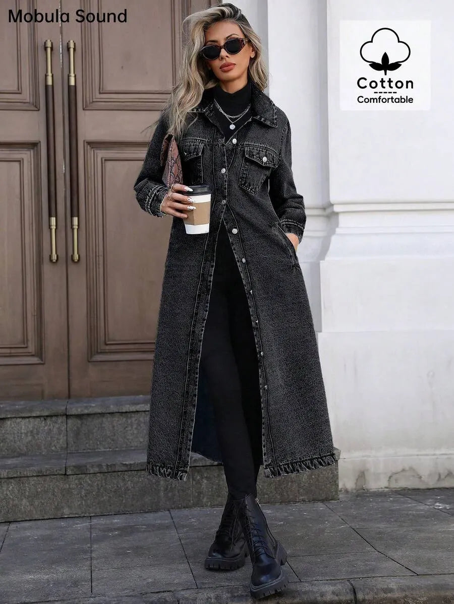 Women's Button Front Denim Coat, Elegant Casual Long Sleeve Denim Jacket for Spring & Fall, Women's Clothing for Daily Wear, Outerwear