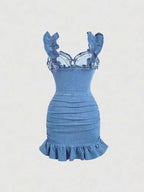 Plus Size Ruched Hem Leaf Edge Tie Front Denim Dress for Women, Fashion Casual Sleeveless Short Skirt, Trendy and Comfortable