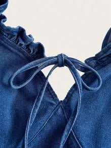Plus Size Ruched Hem Leaf Edge Tie Front Denim Dress for Women, Fashion Casual Sleeveless Short Skirt, Trendy and Comfortable