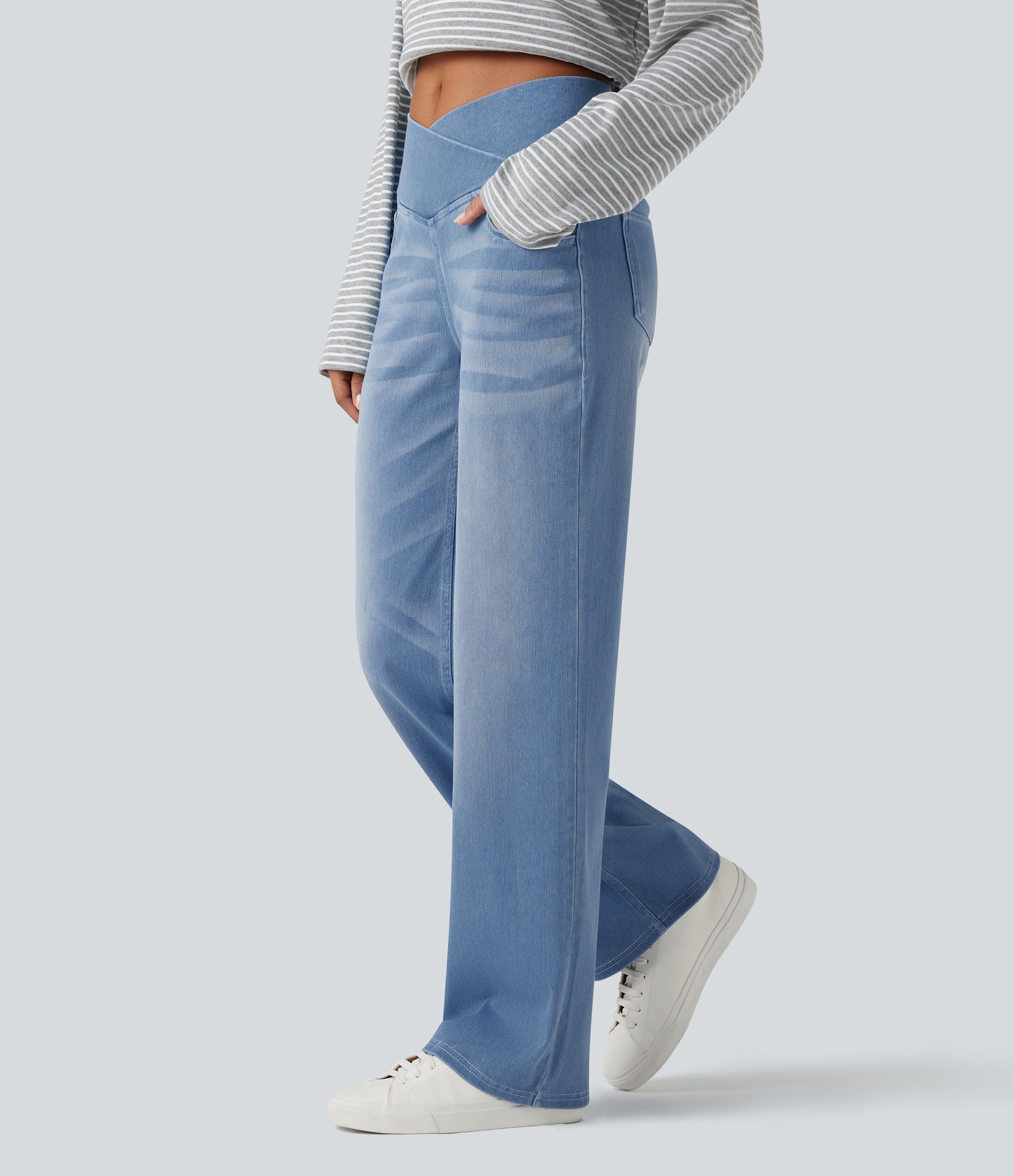 Flex™ Crossover High Waisted Tummy Control Casual Straight Leg Jeans with Pockets