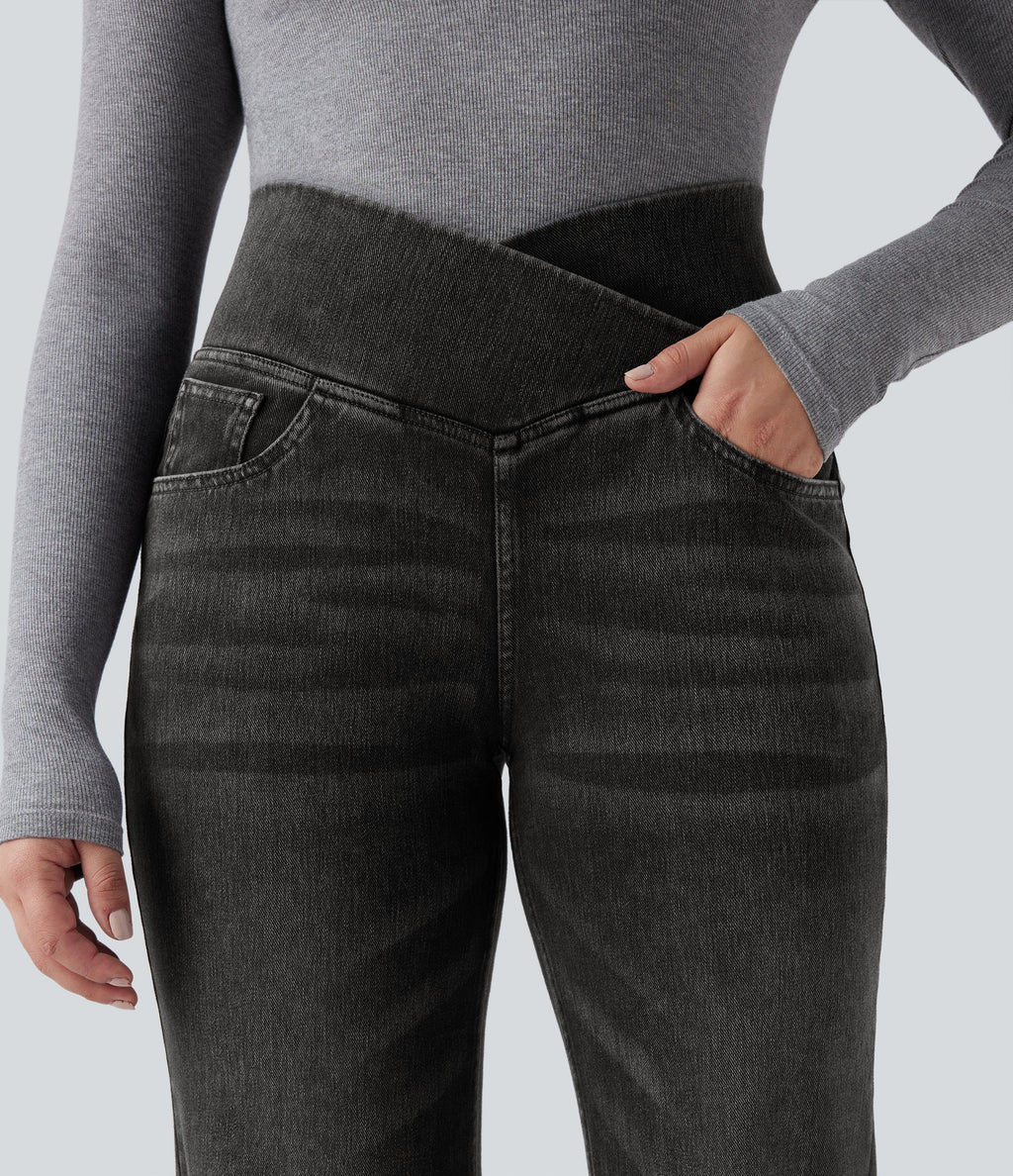 Flex™ Crossover High Waisted Tummy Control Casual Straight Leg Jeans with Pockets
