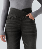 Flex™ Crossover High Waisted Tummy Control Casual Straight Leg Jeans with Pockets