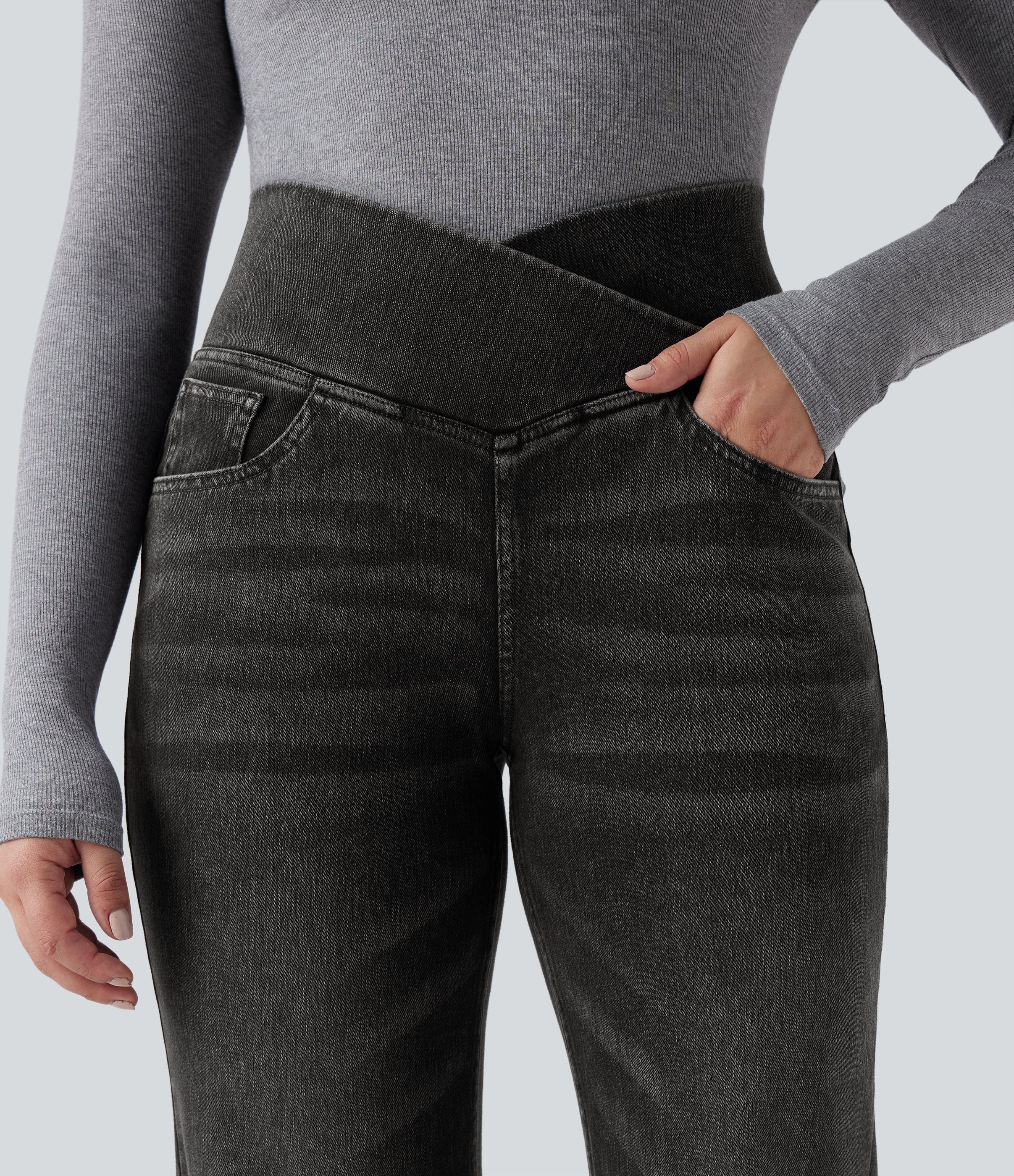 Flex™ Crossover High Waisted Tummy Control Casual Straight Leg Jeans with Pockets