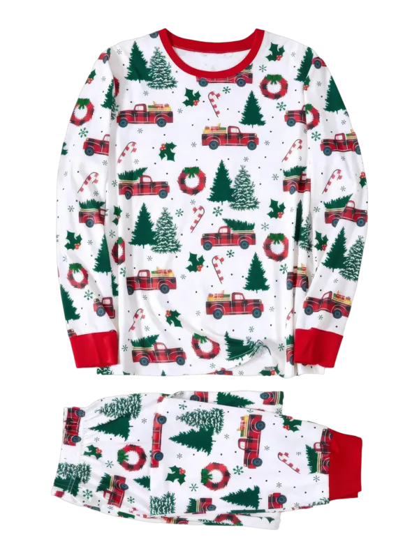 Superb white pajamas with Christmas trees red trucks motifs for all the family