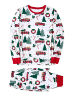 Superb white pajamas with Christmas trees red trucks motifs for all the family