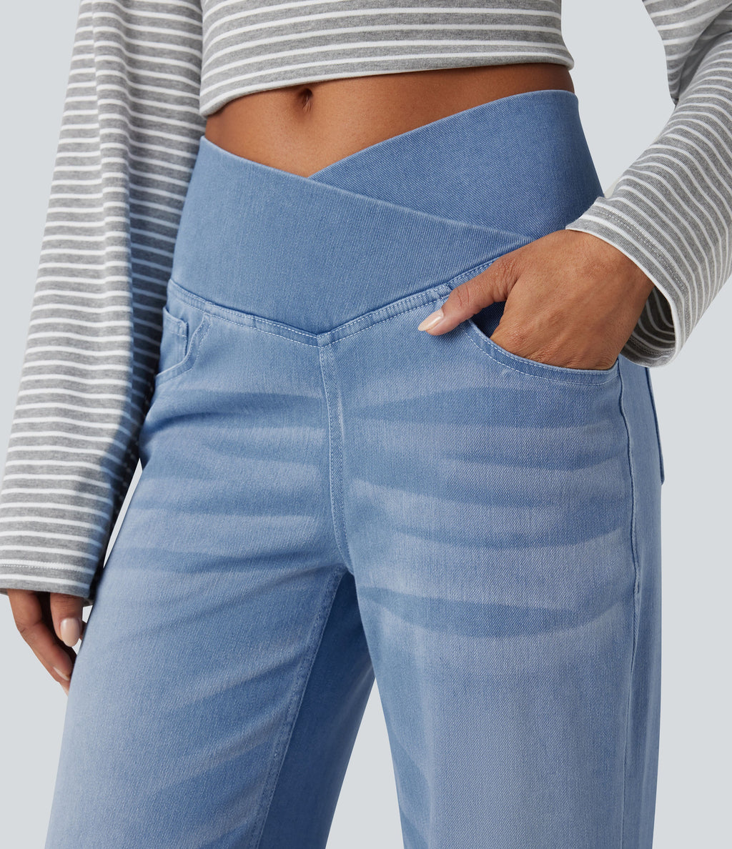 Flex™ Crossover High Waisted Tummy Control Casual Straight Leg Jeans with Pockets