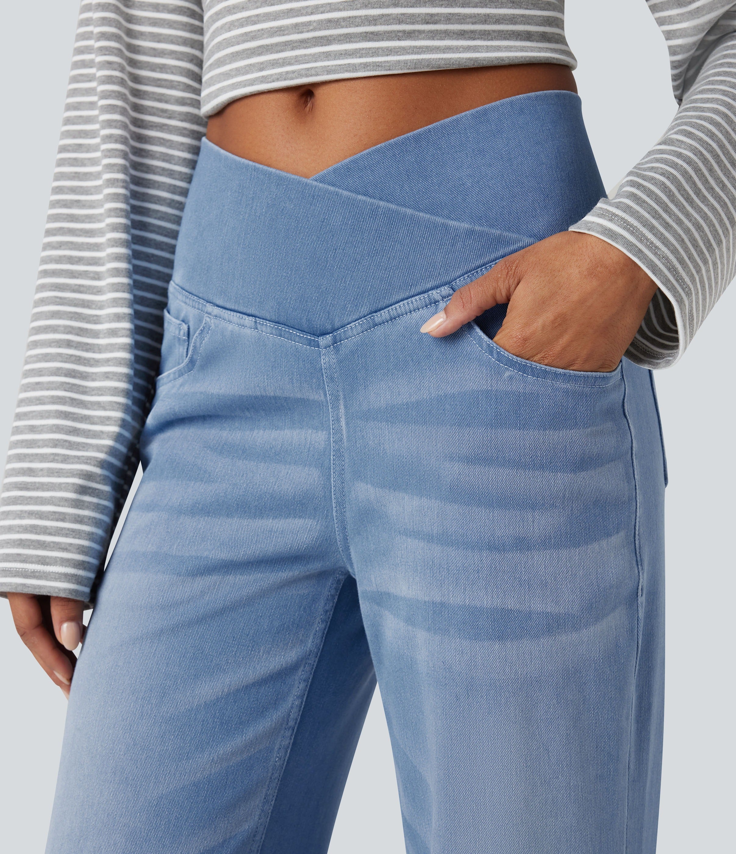 Flex™ Crossover High Waisted Tummy Control Casual Straight Leg Jeans with Pockets