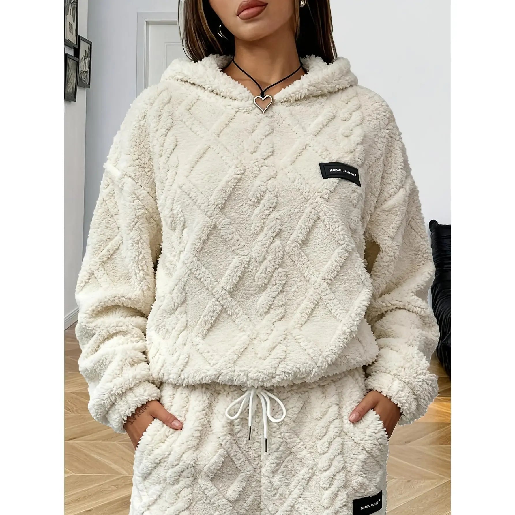 Women's diamond patterned lamb fleece hooded sweatshirt Large size loose and thick coral fleece warm home clothes American Sweet Cool Plush Hooded Casual Set