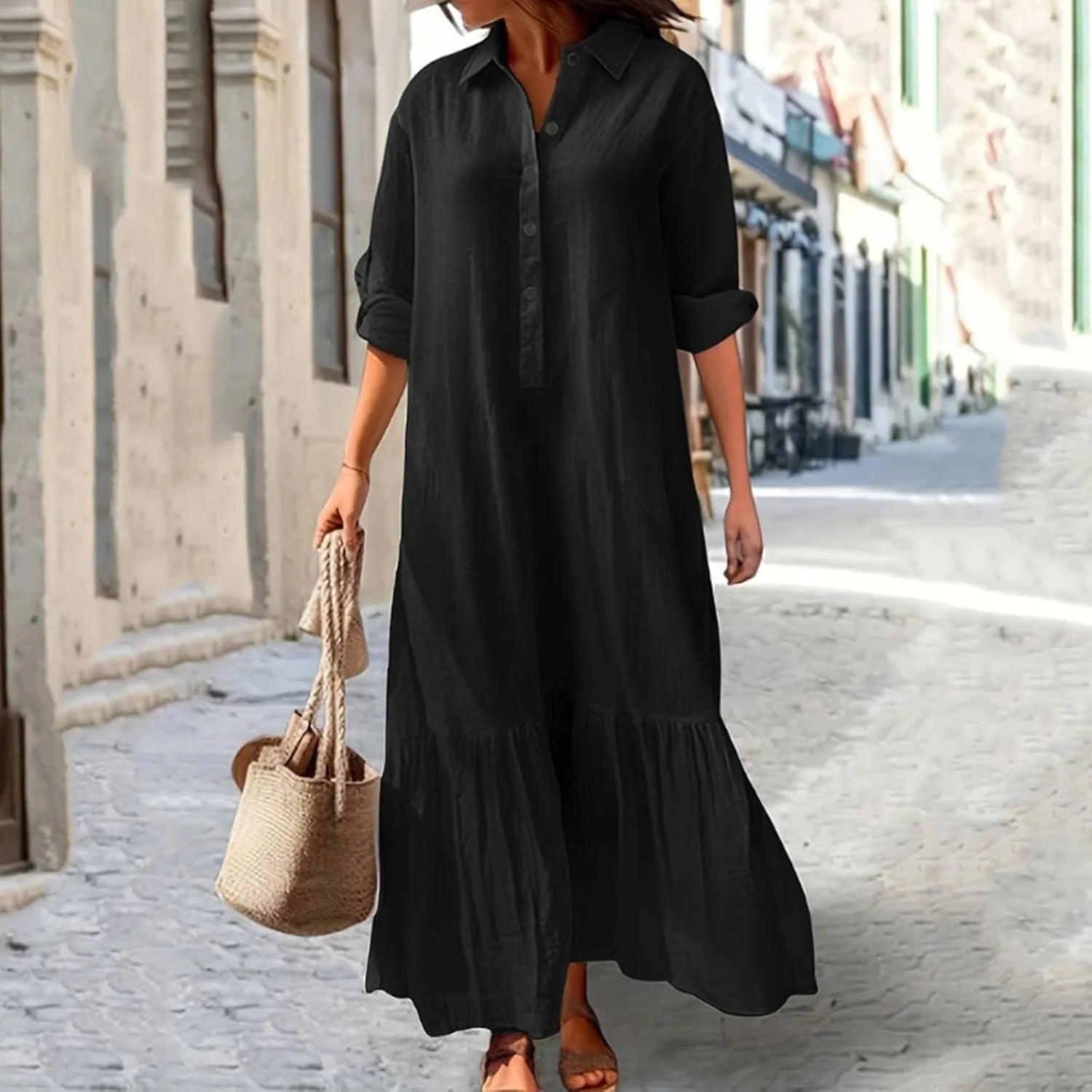 Women's Maxi Dress Linen-feel Dresses Faux Cotton Linen Shirt Dress Kaftan Dress Basic Casual Daily Vacation Regular Fit Plain Long Sleeve V Neck