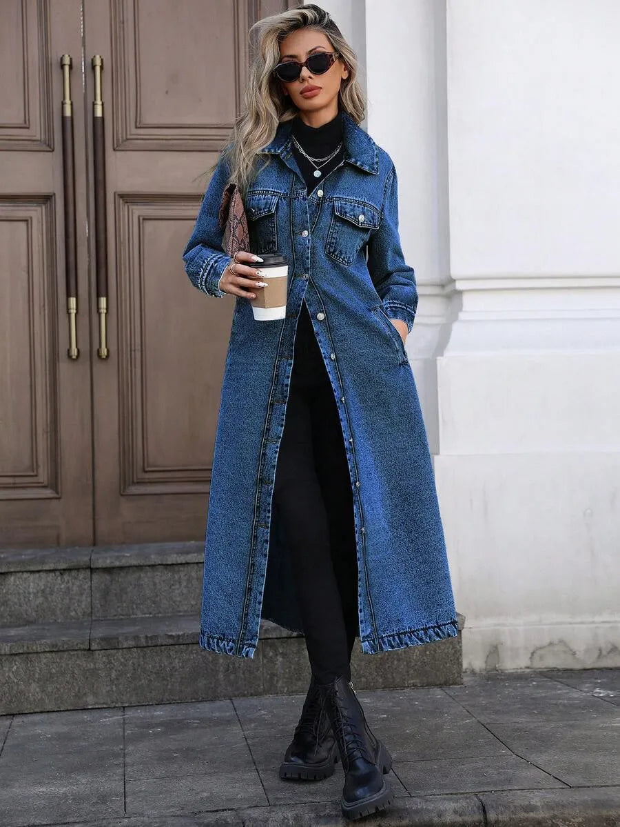 Women's Button Front Denim Coat, Elegant Casual Long Sleeve Denim Jacket for Spring & Fall, Women's Clothing for Daily Wear, Outerwear