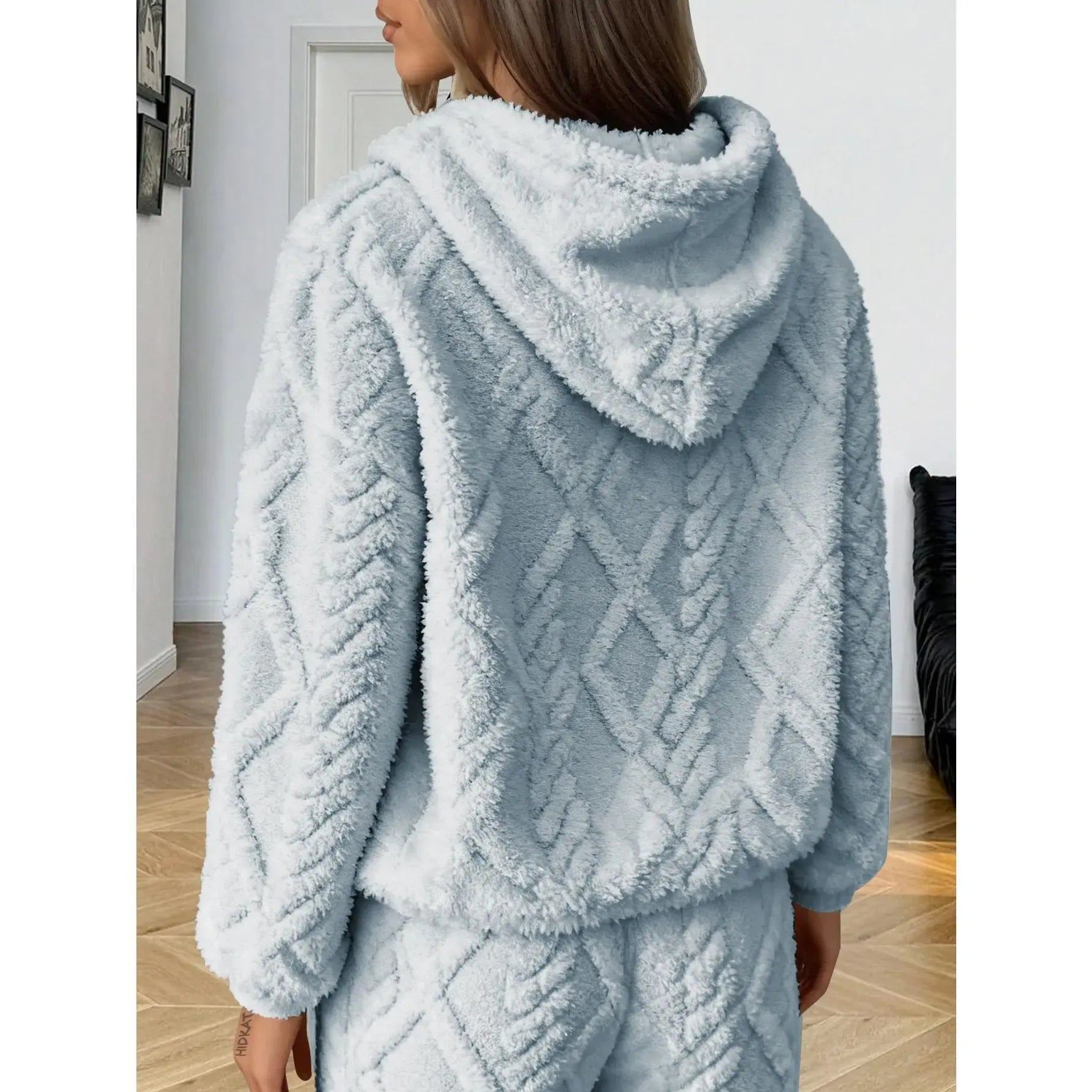 Women's diamond patterned lamb fleece hooded sweatshirt Large size loose and thick coral fleece warm home clothes American Sweet Cool Plush Hooded Casual Set