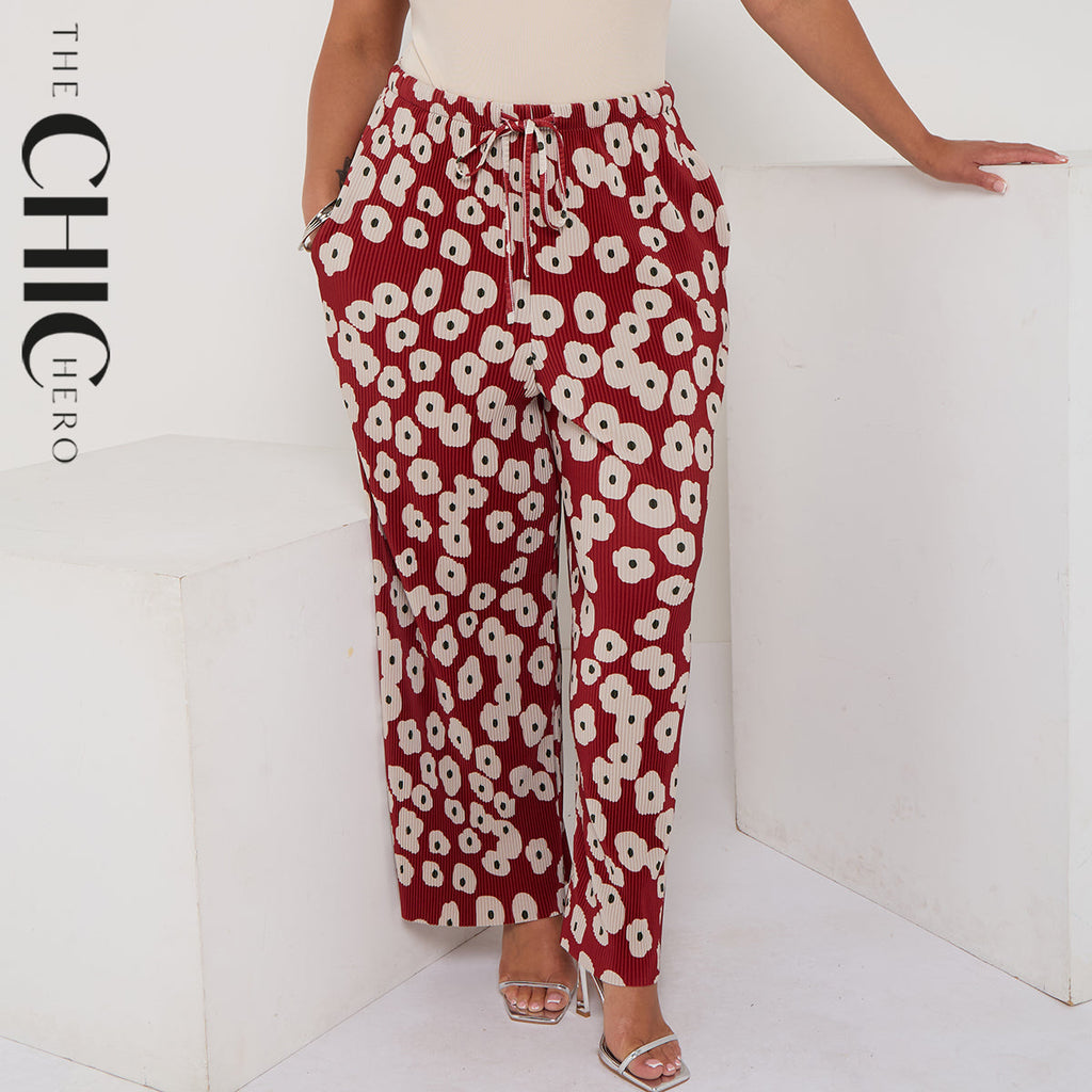 Red Abstract Print Palazzo Pleated Pants With Pockets