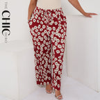 Red Abstract Print Palazzo Pleated Pants With Pockets