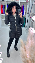 Jabroni Black Faux Fur Hood Belted Coat