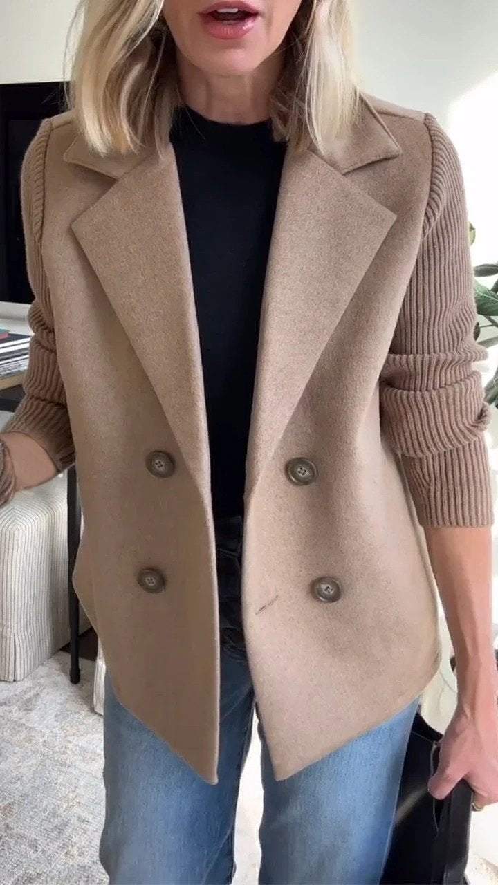Women's Lapel Button Knitted Patchwork Sleeve Casual Coat